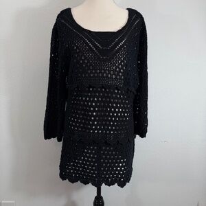 LeModa Open Knit Whimsygoth 3/4 Sleeve Beach Cover Resort Black Sweater Size L